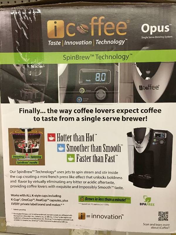 lot 139 image: ICoffee Opus Single Serve Brewer 2.0 retail $139