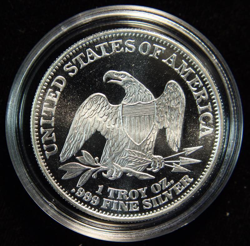 1 TROY OZ. .999 FINE SILVER ROUND SEATED LIBERTY DESIGN IN AIRTITE HOLDER