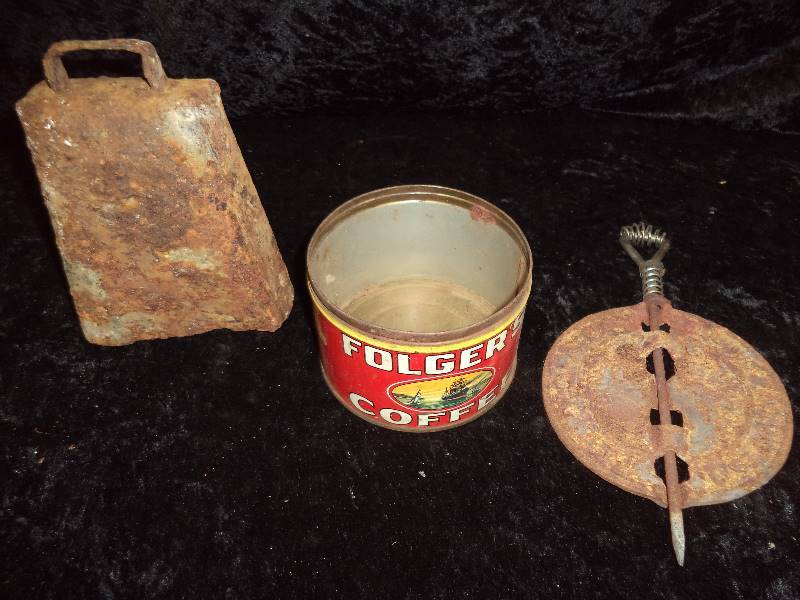 lot 27 image: Lot - Cowbell, Stove Damper & Folgers Coffee Tin