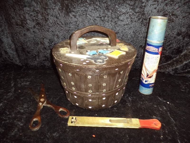 lot 33 image: Handcrafted Sewing Basket, Vintage Turkey Baster, etc