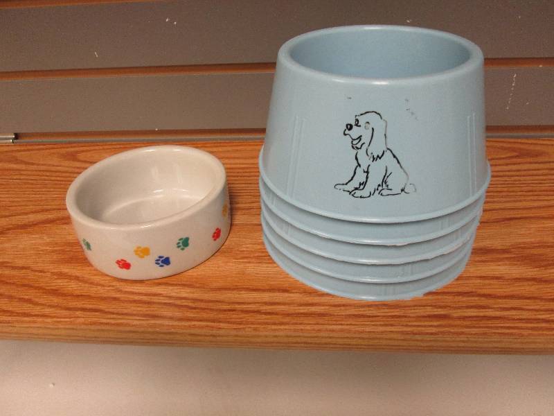 Lot of 5 plastic dog dishes, 1 cera...