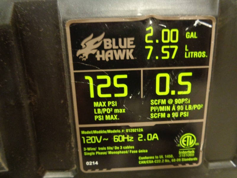 2 Gallon Blue Hawk Air Compressor Tools, Furniture, Household