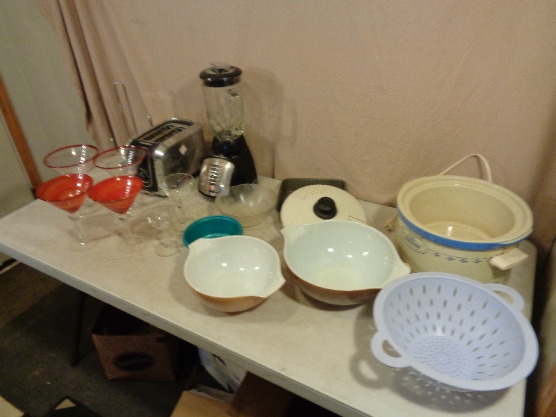 lot 180 image: 2 Brown Pyrex Bowls, Crockpot, and More