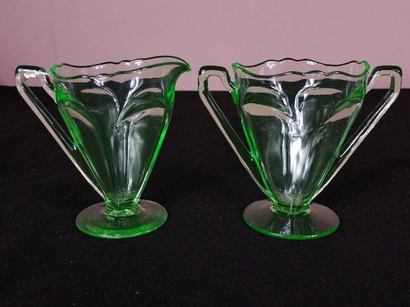 lot 23 image: Green Depression Fostoria Tall Cream and Sugar