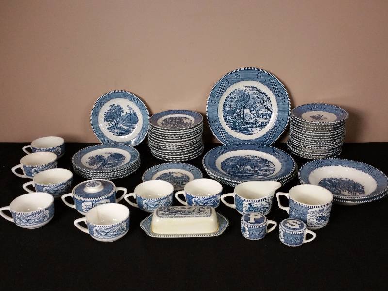 lot 44 image: Large Group of Blue White Currier & Ives Dishware
