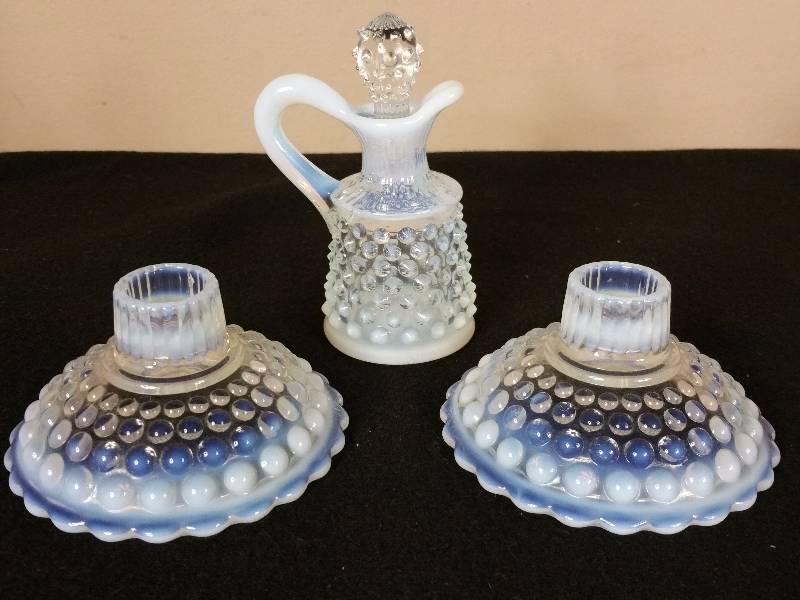 lot 50 image: Fenton White Opalescent Cruet & Two Moonstone Candleholders