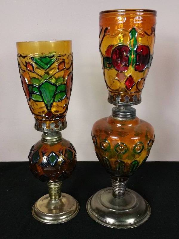 lot 53 image: (2) Stained Glass Kerosene Lamps