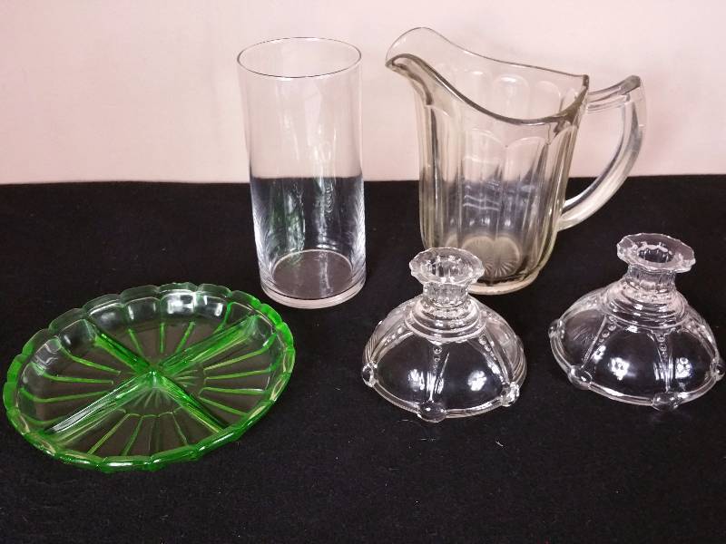 lot 70 image: Green Depression Glass & Clear Glass Items