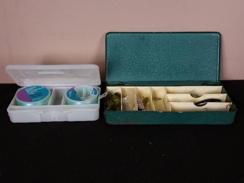 lot 85 image: Vintage Tackle Box w Tackle and Plastic Storage Box