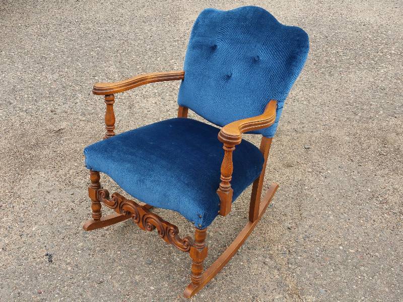 lot 7 image: Blue Upholstered Antique Rocking Chair