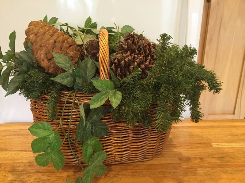 Large Basket with Artificial Plants & Pinecones