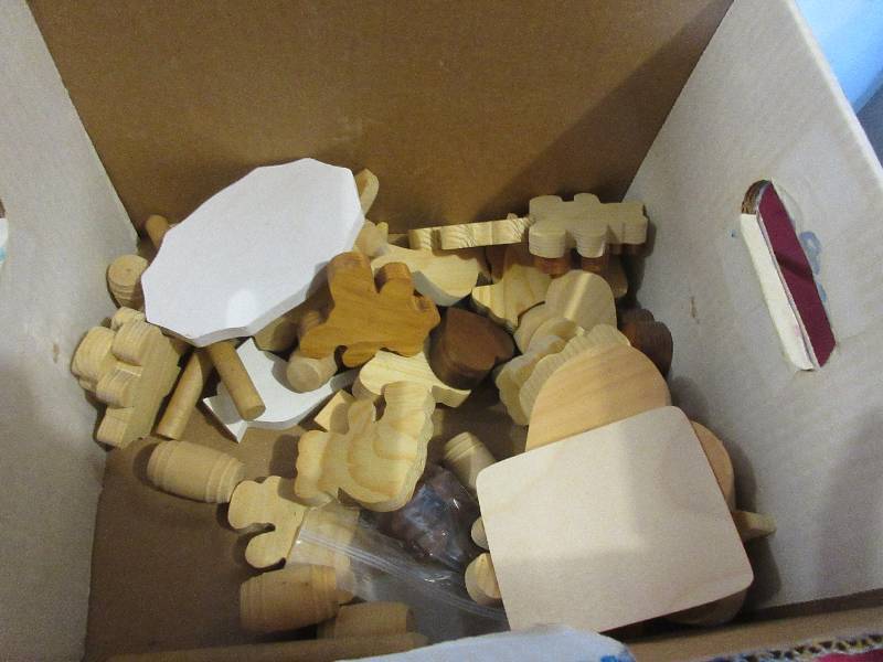 BOX OF WOOD CRAFTING ITEMS
