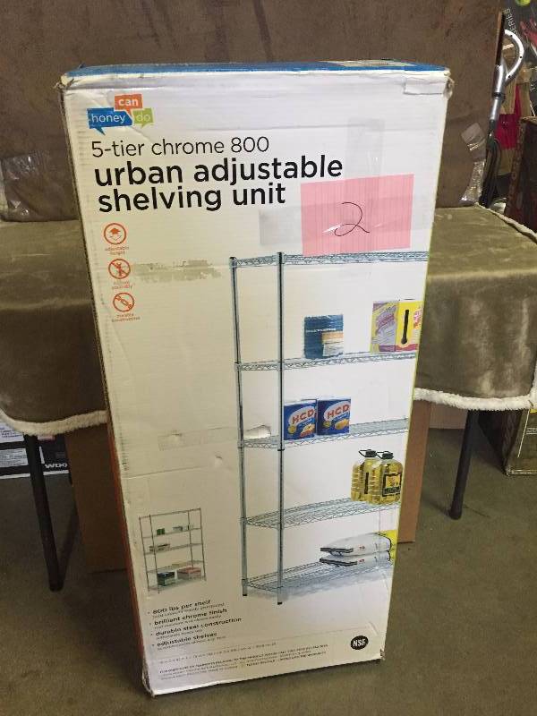 lot 2 image: Honey Can Do Urban Shelving 5-Tier Adjustable Storage Shelving Unit, Chrome New