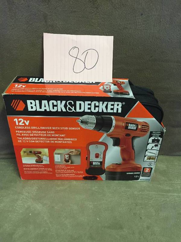 lot 80 image: Black and Decker 12-Volt Ni-Cad Cordless Drill with Stud Sensor and Storage Bag New