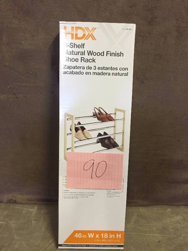lot 90 image: 3-Tier Wood and Chrome Shoe Rack in Natural