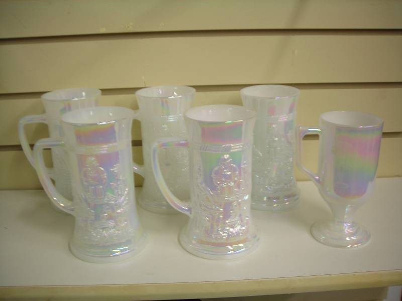 5 Steins, 1 Coffee Cup Carnival Milk Glass