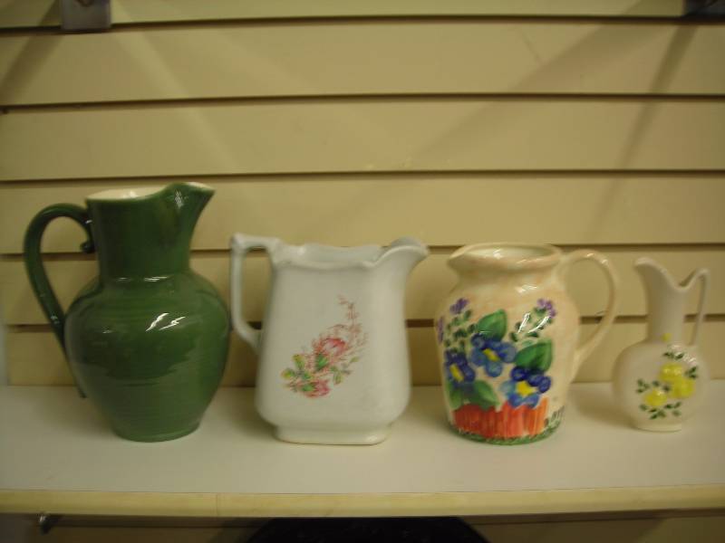 4 Assorted Pitchers, 1 Iron Stone