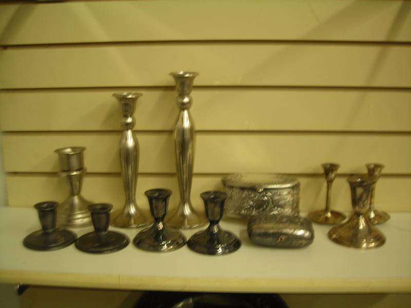 Vintage Silver Plate & Pewter Candle Sticks, Trinket Boxes