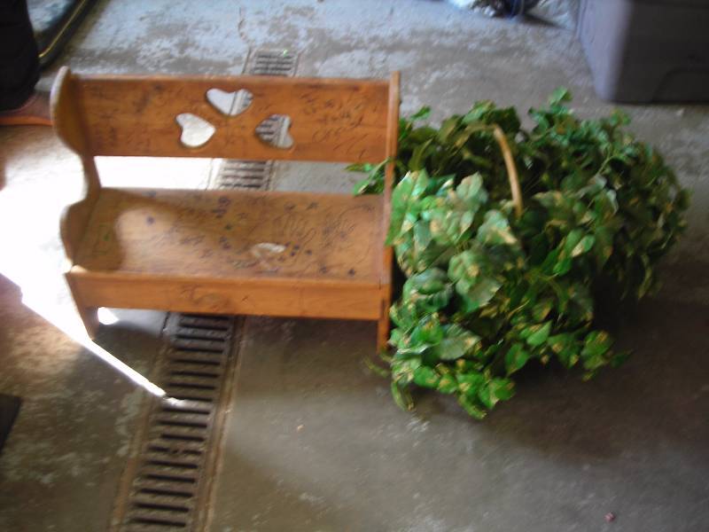 Small Pine Bench & Large Basket With Artificial Greenery