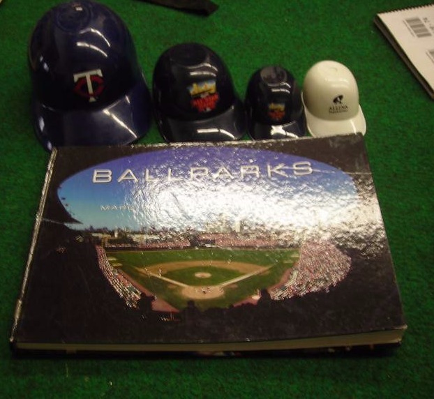 Coffee Table Picture Book Of Famous Ball Parks & Collectible Batting Helmets Souveniers