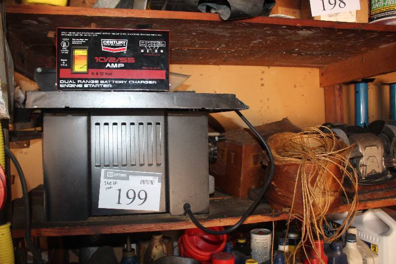 Shelf Lot Including Century Dual Range Battery ChargerEngine Starter Grinder And More