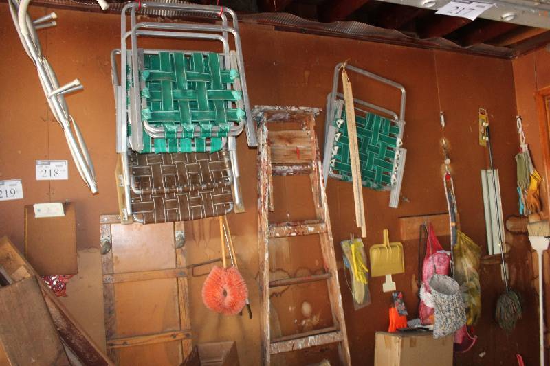 Wall Lot Including Lawn Chairs Cleaning Tools Ladder And More