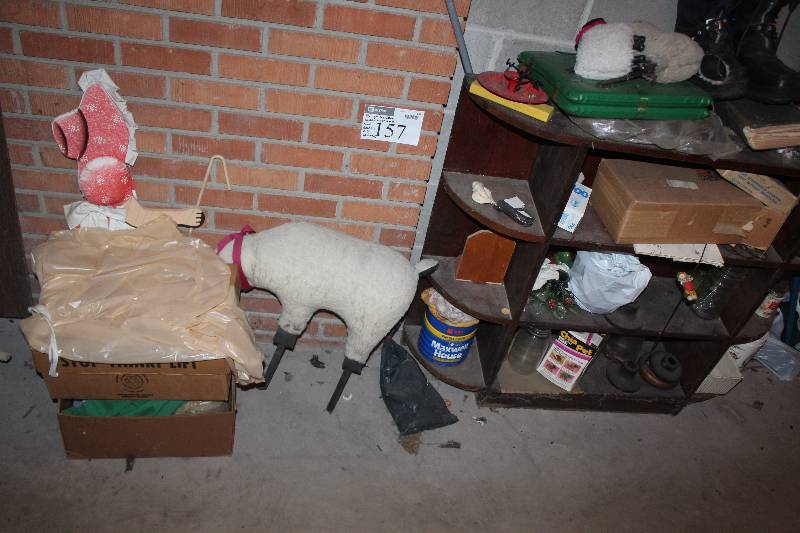 Pile Lot Including Shelf and Contents of Yard Decorations, Miscellaneous Hardware