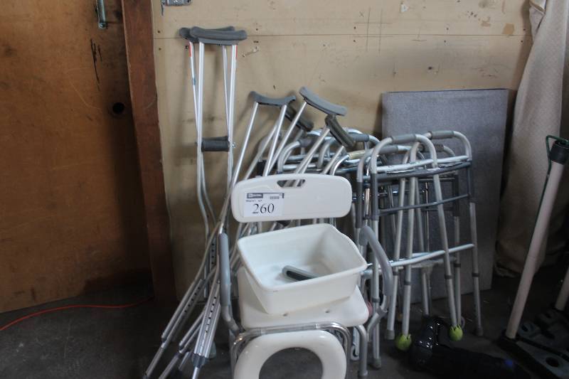 lot 260 image: Lot of Medical Equipment Including Walkers Crutches Lift Seat