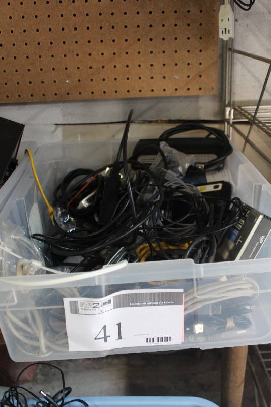 lot 41 image: Box Lot of Electronic Equipment Including Computer Cables Linksys Cable Modem Fast Ethernet Switch
