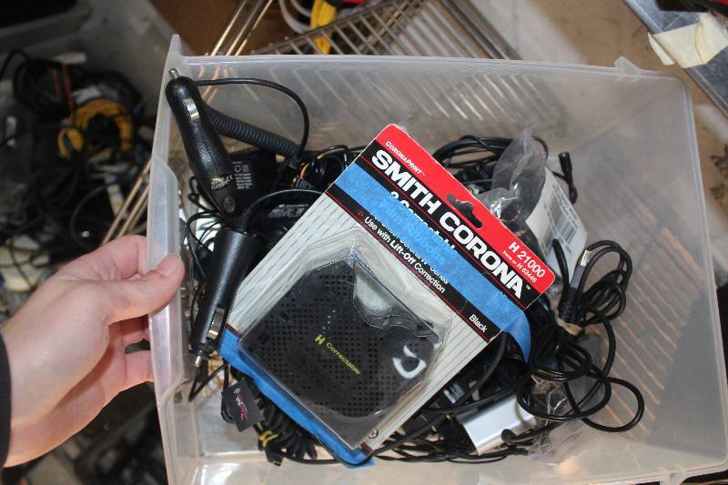 lot 35 image: Box Lot of Electronic Equipment Including Various Power Cords Typewriter Ribbon