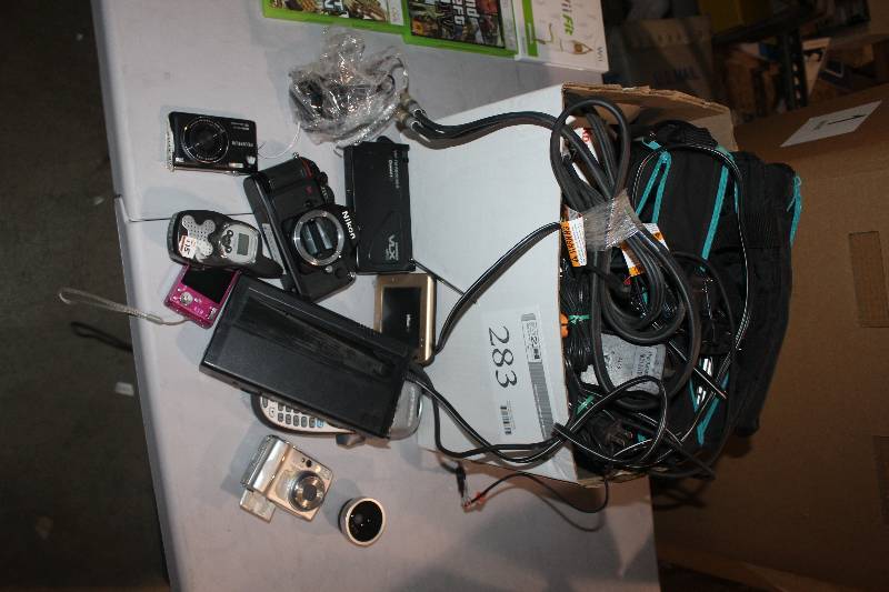 lot 283 image: Box Lot of Electronic Equipment Including Cameras Cables
