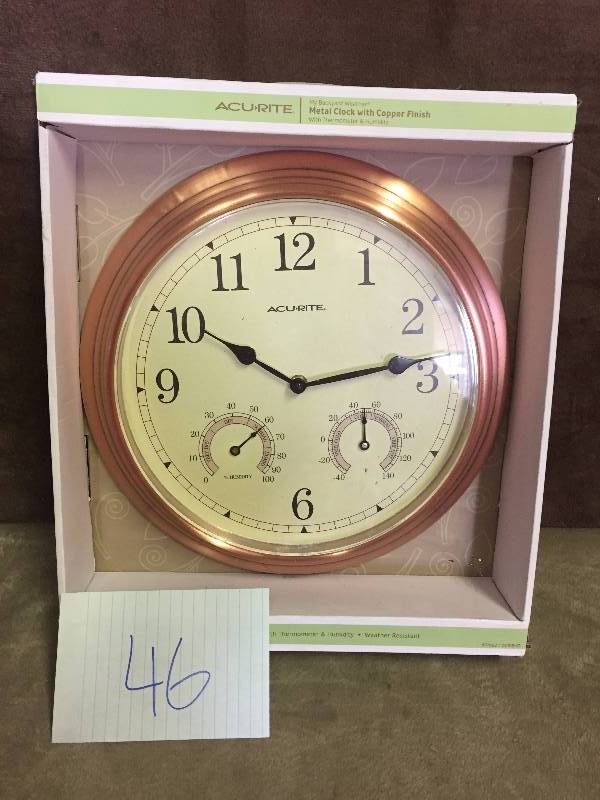 lot 46 image: AcuRite 14 in. Copper Wall Clock with Analog Thermometer and Hygrometer New