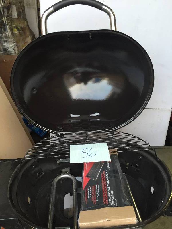 lot 56 image: Brinkmann 2-Burner Patio Propane Gas Grill missing 1 wheel never used