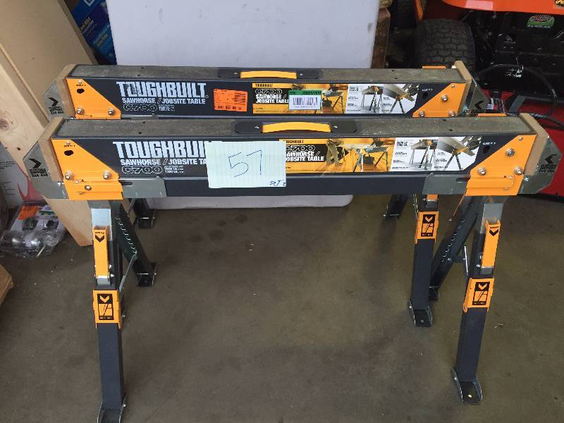 lot 57 image: Toughbuilt 5.51 in. Adjustable Folding Sawhorse Set Like New