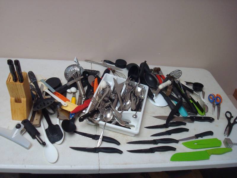 lot 62 image: Lot Of Kitchen Silverware Utensils, Sharper Image Knives