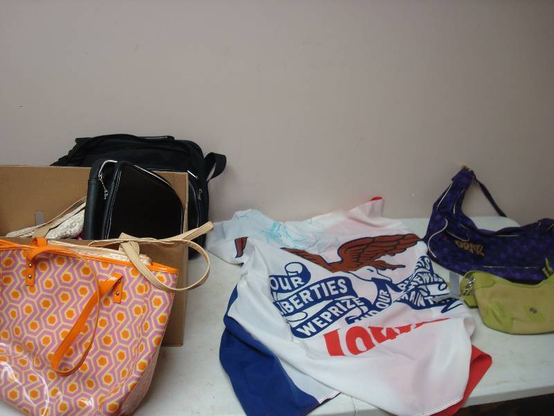 lot 118 image: Lot Of Bags And Stained Iowa State Flag