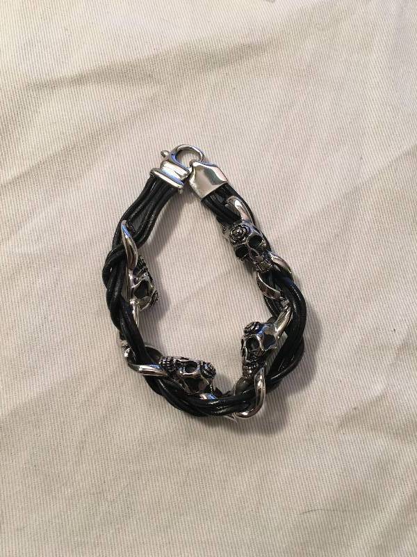 Chisel Steel Antiqued Skull Leather Bracelet Retail $90