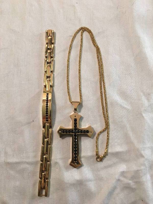 Mens Goldtone Black Crystal Cross & Bracelet Set
