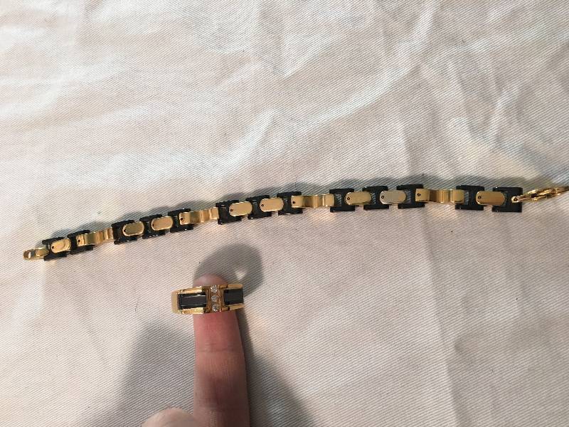 Mens Black & Goldtone Bracelet & Ring Set Size 12