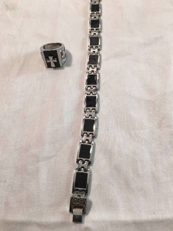 Stainless Steel Mens Bracelet & Ring Set Size 8