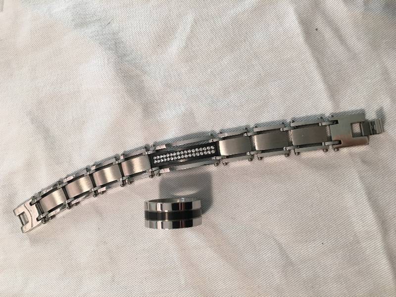 Stainless Steel Mens CZ Bracelet & Ring Set Size 13