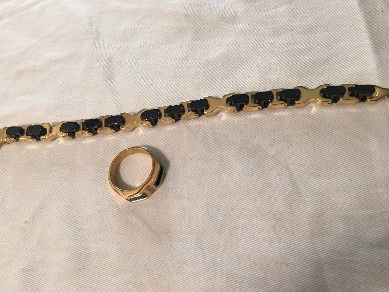 Mens Black & Goldtone Bracelet & Ring Set Size 12