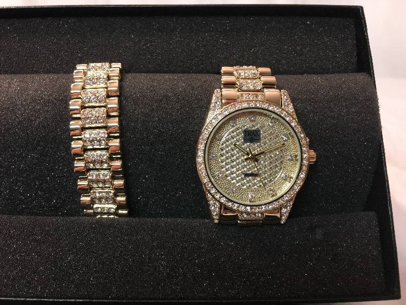 Trax Mens Goldtone Watch & Bracelet Set