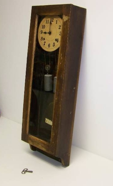 lot 3 image: Antique, Old, Wall Hanging Clock with Key, Pendulum and Weights