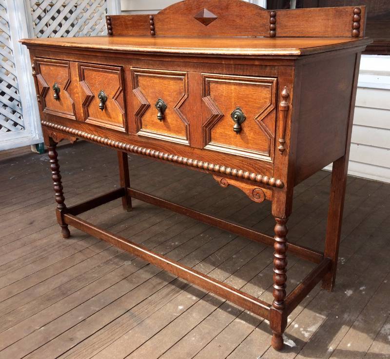 lot 7 image: 1920s Two Drawer Solid Tiger Oak Sideboard
