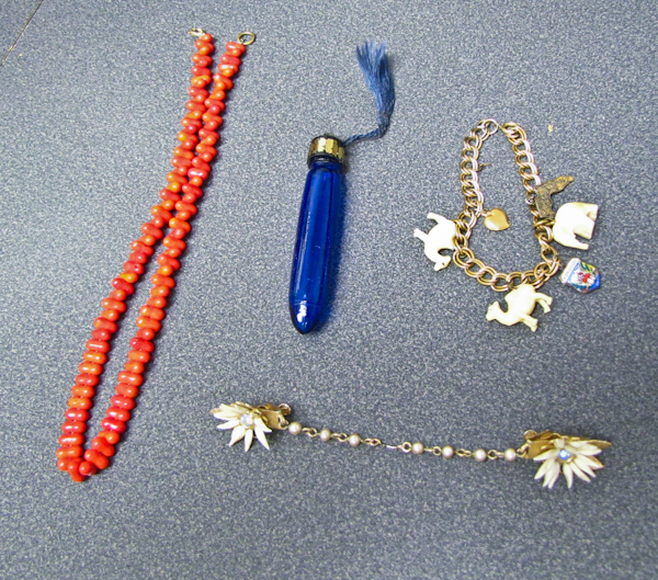 antique cobalt blue perfume bottle and jewelry