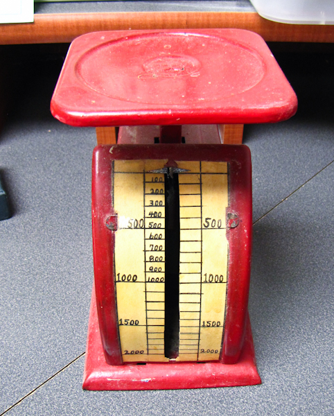 antique red kitchen scale