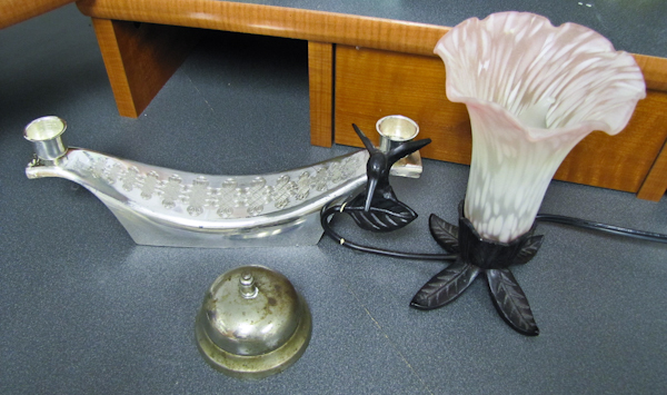 vintage desk bell, aluminum candle holder humming bird flower lamp