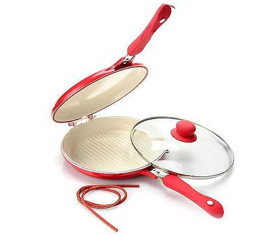 lot 41 image: Cooks Companion Cast Aluminum Ceramic Nonstick 10 Flip Around Pan w Glass Lid