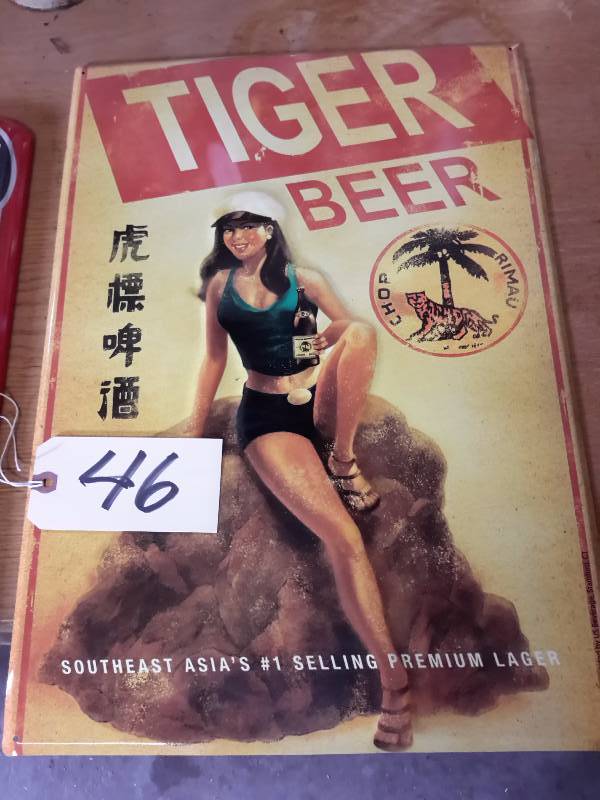 lot 46 image: Tiger Beer Metal Sign, 14in x 20 in  and Thermometer, 17 12 in x 5 12 in..